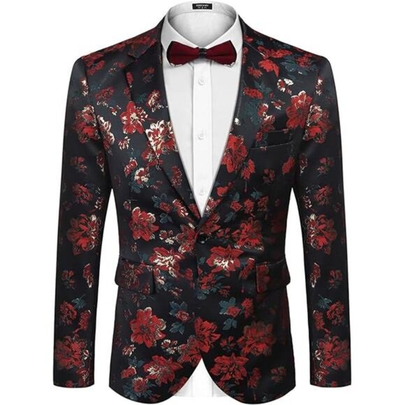 Mens Floral Tuxedo Jackets Slim Fit Suit Blazer Jacket for Dinner Prom Wedding - Picture 7 of 7